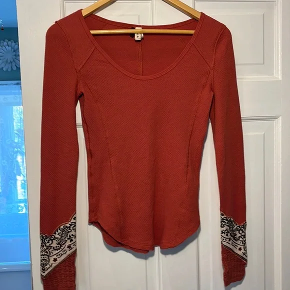 FREE PEOPLE Bandana Cuff Thermal Long Sleeve Top XS ***NOTE*** - Picture 2 of 9